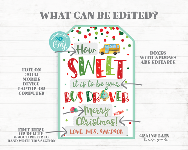 How sweet it is to be your Bus Driver tag To Student Christmas Gift Tag Transportation Holiday School Printable Editable