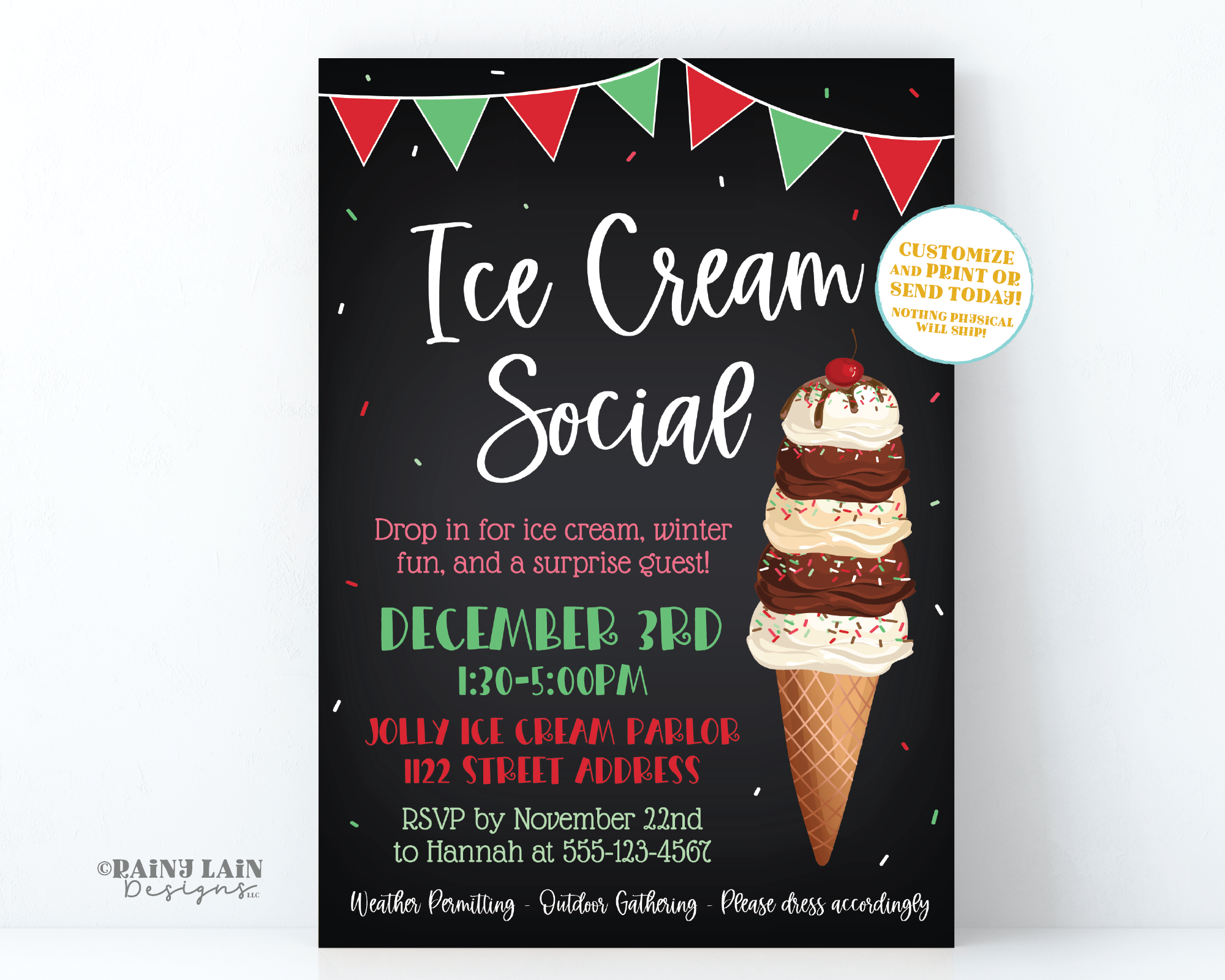 Holiday Ice Cream Party Invitation Christmas Party Invite Editable Com – Rainy Lain Designs LLC for Free Printable Ice Cream Social Flyer