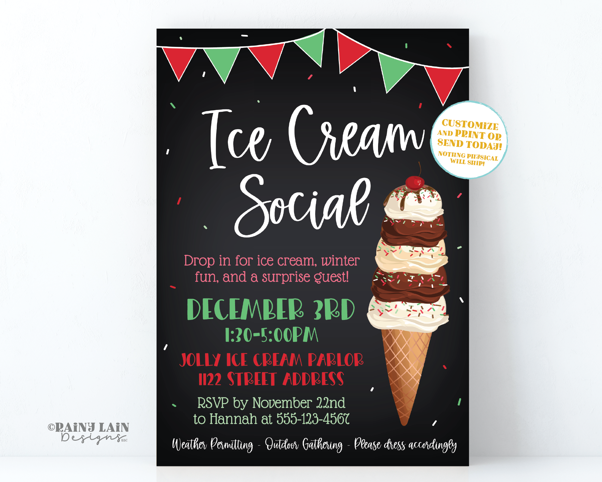 Holiday Ice Cream Party Invitation Christmas Party Invite Editable Company Shower Sundae Funday Red and Green Sprinkles Social