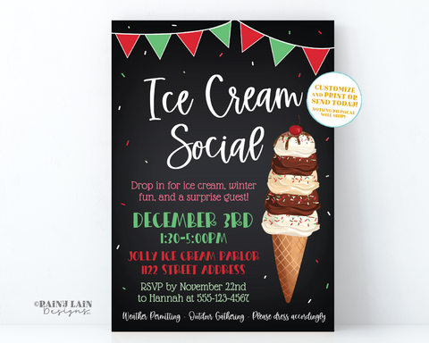 Holiday Ice Cream Party Invitation Christmas Party Invite Editable Company Shower Sundae Funday Red and Green Sprinkles Social