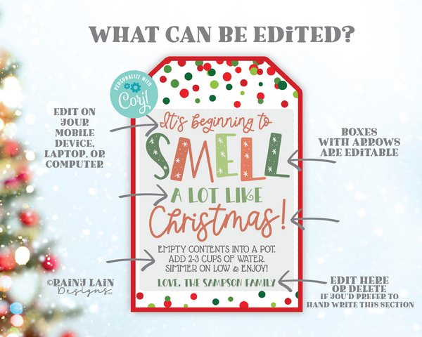 It's beginning to smell a lot like Christmas Editable Gift Tag, Printable Holiday Stovetop Potpourri, Neighbor, Teacher, Office Exchange
