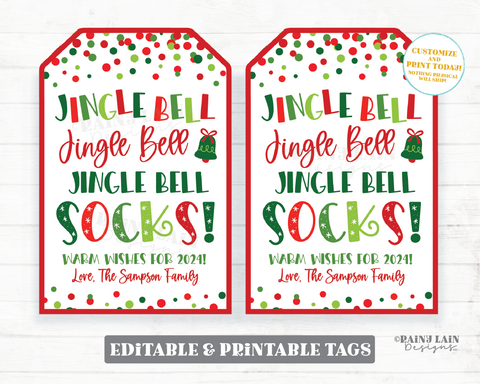 Jingle Bell Socks Christmas Gift Tag Editable Pedicure Nail Polish Set Holiday Gift Tags Friend Daycare Teacher Thank you Warm Fuzzy Socks