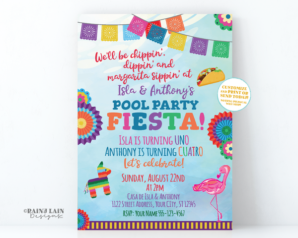 Joint Pool Party Invitation Editable Fiesta Invite Flamingo Sibling Taco Piñata Papel Picado Serape Chippin Dippin and Margarita Sippin