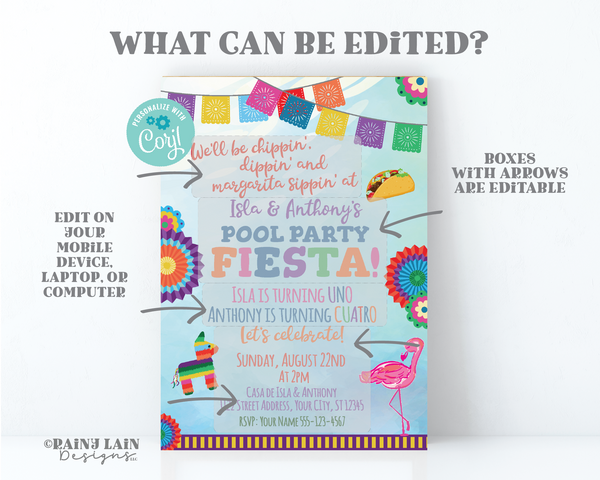 Joint Pool Party Invitation Editable Fiesta Invite Flamingo Sibling Taco Piñata Papel Picado Serape Chippin Dippin and Margarita Sippin