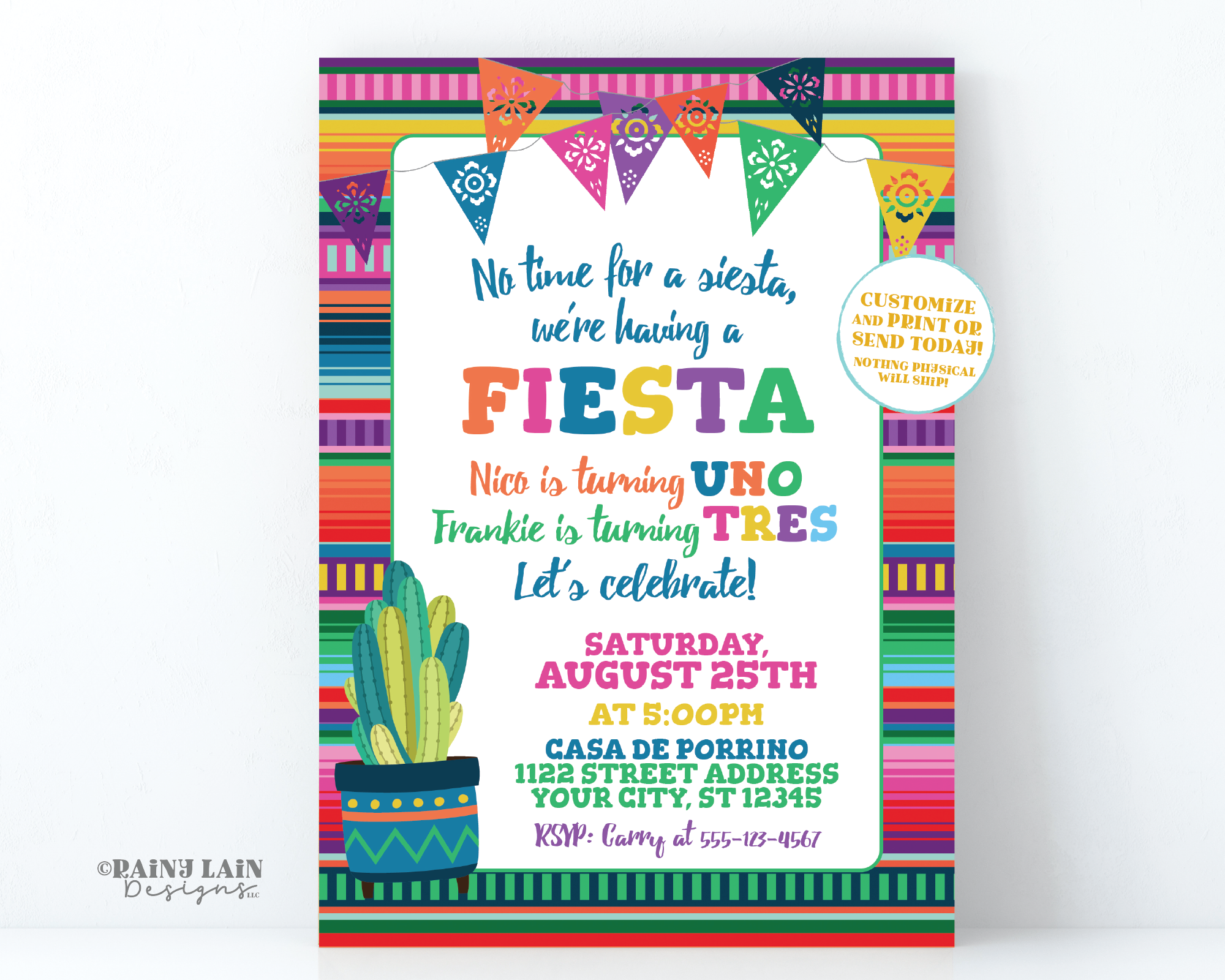 Sibling Fiesta Invitation, Joint Fiesta Invite, Joint Birthday Party Invite, Sibling Birthday Invite, Mexican Fiesta, Cactus, Papel Picado