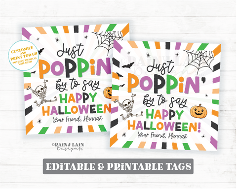 Editable Pop Halloween Tag, Just Poppin By, Classroom Halloween Gift, Popcorn, Non Candy Kids Halloween Favor, Fidget, Printable, Digital