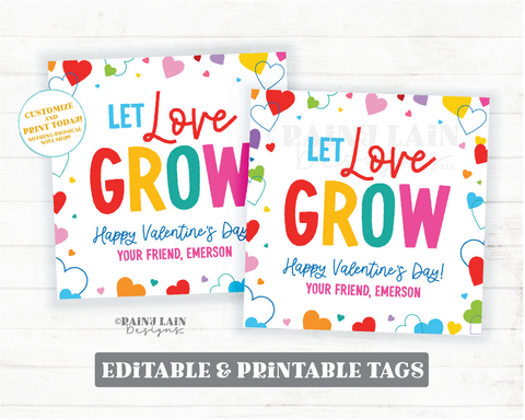 Let Love Grow Valentine, Grow In Water Gift Tag, Plant, Hatching Egg, Non-Candy, Editable, Teacher, Preschool, Classroom Printable Digital
