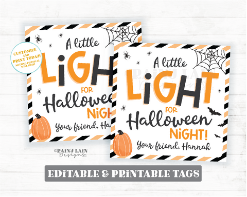 A little Light for Halloween Night Tags Halloween Trick or Treat Tags Glow Stick Party Favor Glow From Teacher Student Classroom PTO