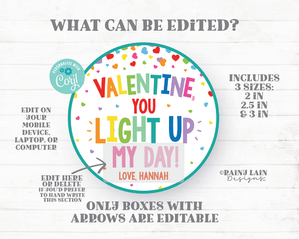 Valentine You light up my day Tag, Finger lights, Glow Stick, Lite, bracelet, Preschool Non-Candy, Classroom, Kids Printable, Round, Digital