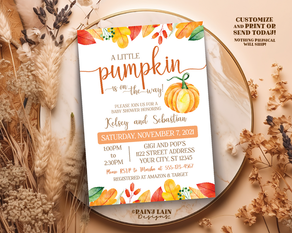 Editable Pumpkin Baby Shower Invitation Template, Gender Neutral, Fall Baby Shower, Digital Download