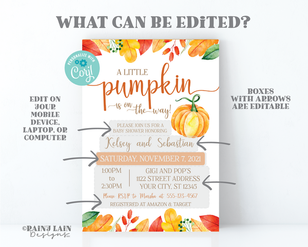 Editable Pumpkin Baby Shower Invitation Template, Gender Neutral, Fall Baby Shower, Digital Download