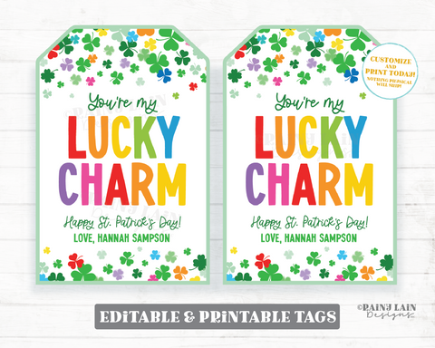Lucky Charm Tag, St Patrick's Day Gift, Shamrock, Cereal, Preschool Classroom, Non-Candy, Printable Editable Digital Download