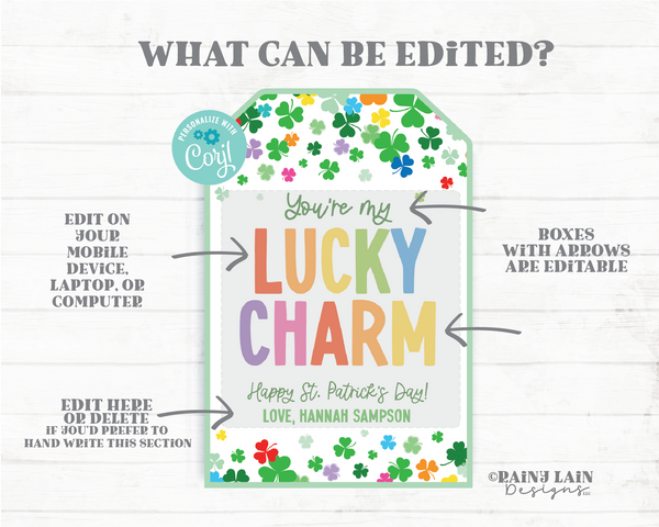Lucky Charm Tag, St Patrick's Day Gift, Shamrock, Cereal, Preschool Classroom, Non-Candy, Printable Editable Digital Download