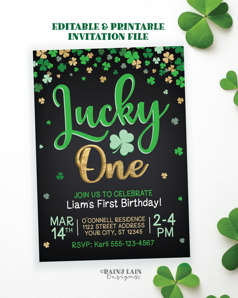 Lucky One Invites, Shamrock 1st Birthday Invite, Printable St. Patrick's Day First Birthday Invitation, Editable, Faux Chalkboard Background