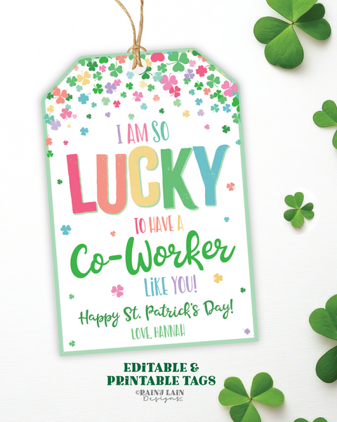 Lucky to have a Co-worker like you St Patrick's Day Gift Tag Shamrocks Staff Appreciation Co-Worker Frontline Employee Teacher Thank you