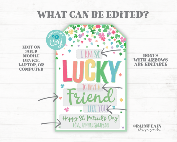 Lucky to have a Friend like you St Patrick's Day Gift Tag Shamrocks Friend Thank You Tag Co-Worker Employee Teacher