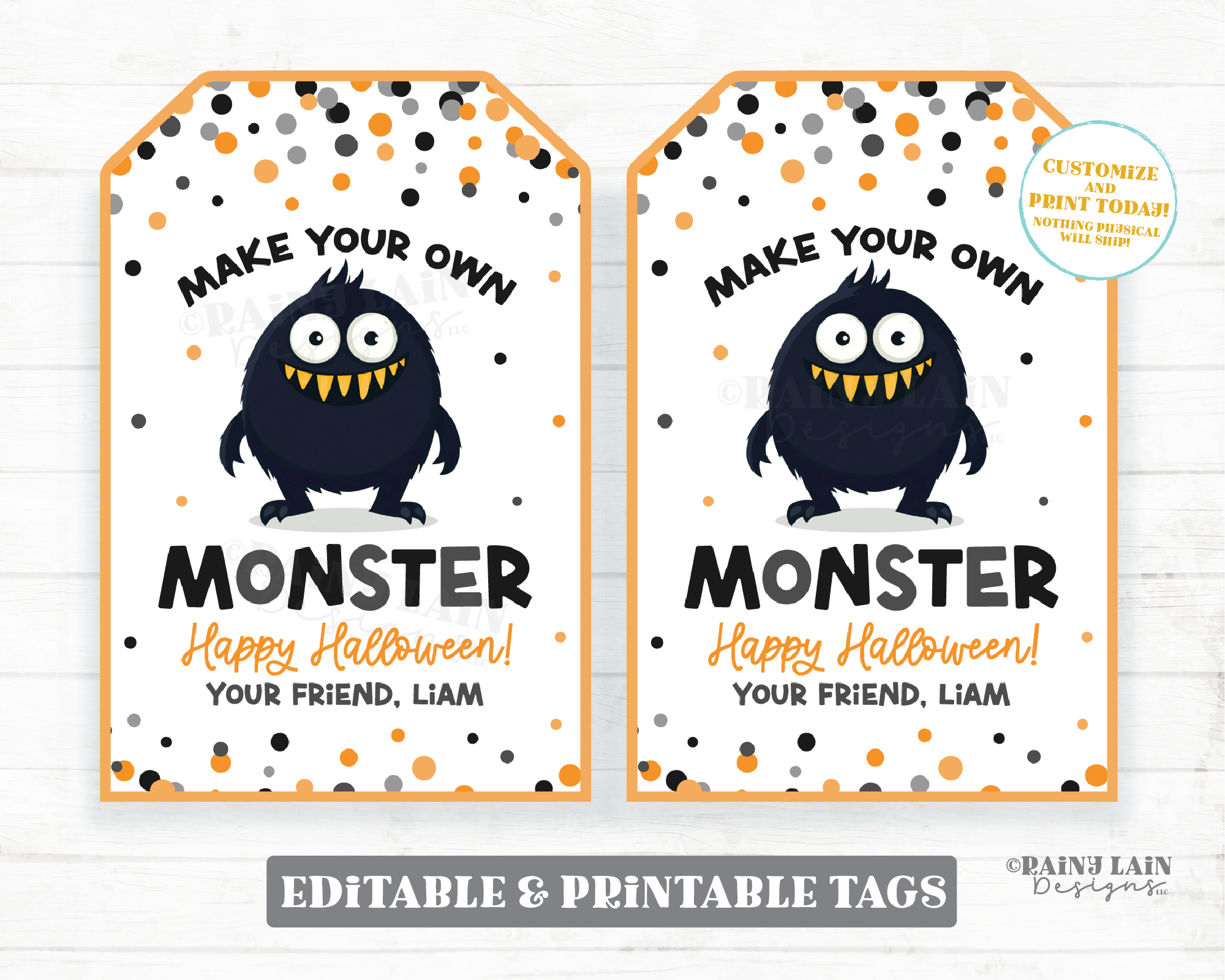 Make Your Own Monster Tag Editable Halloween Favor, Party, Printable Trick or Treat, Craft Activity, Dough, Digital Download