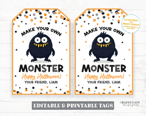 Make Your Own Monster Tag Editable Halloween Favor, Party, Printable Trick or Treat, Craft Activity, Dough, Digital Download