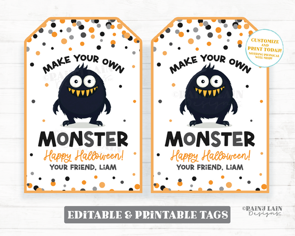 Make Your Own Monster Tag Editable Halloween Favor, Party, Printable Trick or Treat, Craft Activity, Dough, Digital Download
