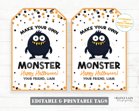 Make Your Own Monster Tag Editable Halloween Favor, Party, Printable Trick or Treat, Craft Activity, Dough, Digital Download