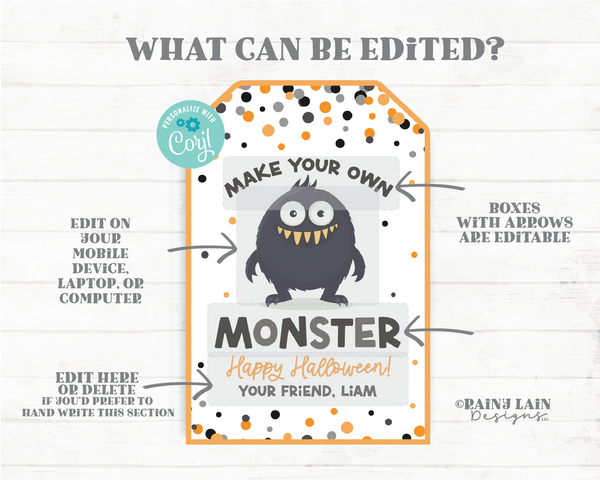 Make Your Own Monster Tag Editable Halloween Favor, Party, Printable Trick or Treat, Craft Activity, Dough, Digital Download