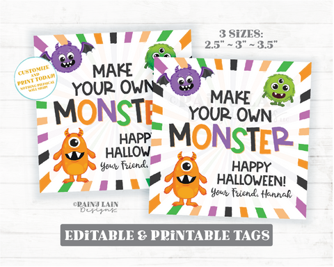 Editable Make Your Own Monster Tag Printable Halloween Favor, Party, Trick or Treat, Craft Activity, Dough, Digital Download