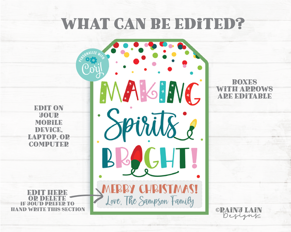 Making Spirits Bright Christmas Gift Tag Holiday Cocktail Mix Drink Spirits Alcohol Liquor Co-worker Employee Appreciation Friend Neighbor