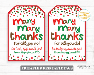 Many Many Thanks Christmas Gift Tag Holiday Ms Chocolate for all you do Teacher Employee Appreciation Staff Candy PTO School Treat Candies