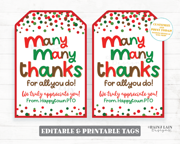 Many Many Thanks Christmas Gift Tag Holiday Ms Chocolate for all you do Teacher Employee Appreciation Staff Candy PTO School Treat Candies
