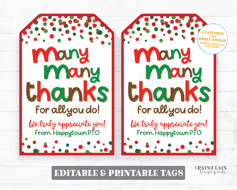 Many Many Thanks Christmas Gift Tag Holiday Ms Chocolate for all you do Teacher Employee Appreciation Staff Candy PTO School Treat Candies