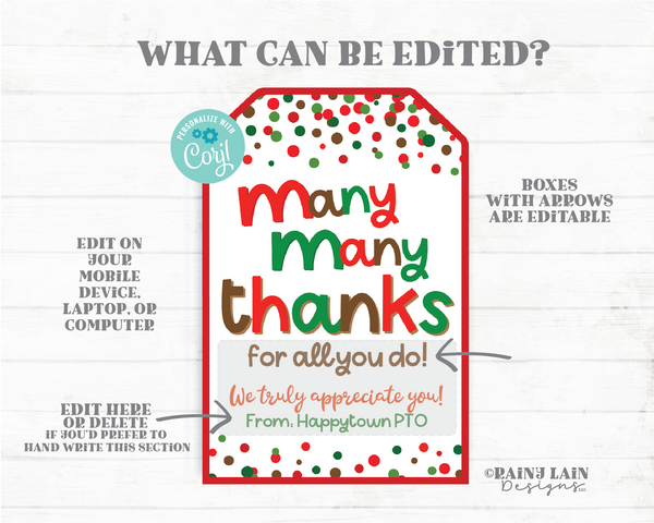Many Many Thanks Christmas Gift Tag Holiday Ms Chocolate for all you do Teacher Employee Appreciation Staff Candy PTO School Treat Candies