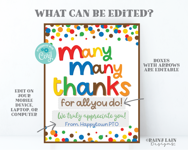 Many Many Thanks Sign Ms Chocolate Thank you for all you do Teacher Employee Appreciation Staff Room Candy PTO School Lounge Candies