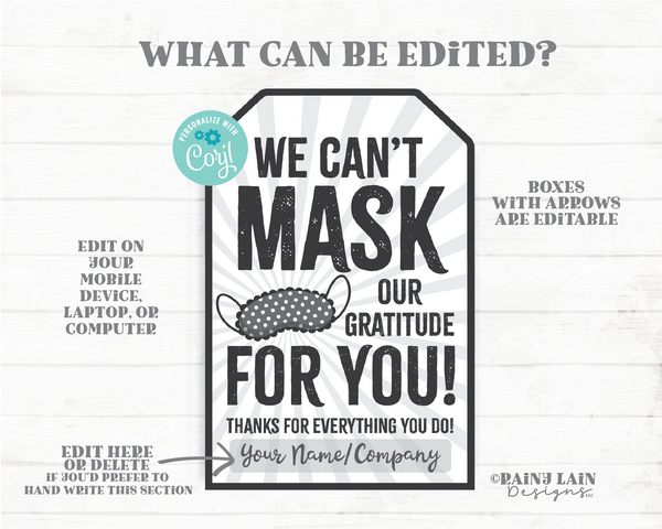 Can't Mask Our Gratitude For You Sleep Mask Gift Tag Spa Beauty Sleep Employee Appreciation Company Staff Teacher PTO Co-worker Friend