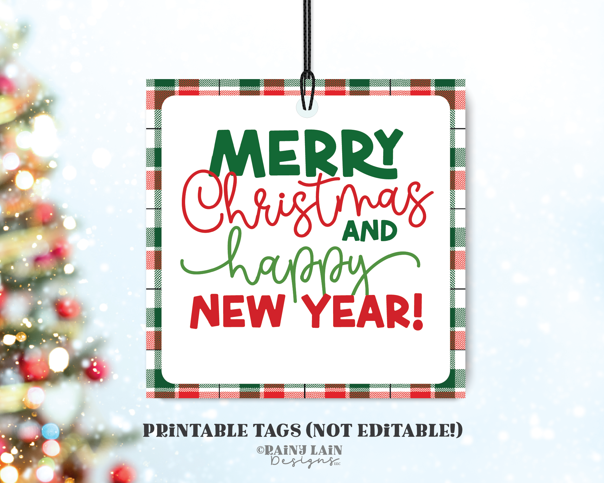 merrychristmasandhappynewyear plaid INSTANT sq image merry christmas and happy new year tag, plaid gift tag, instant