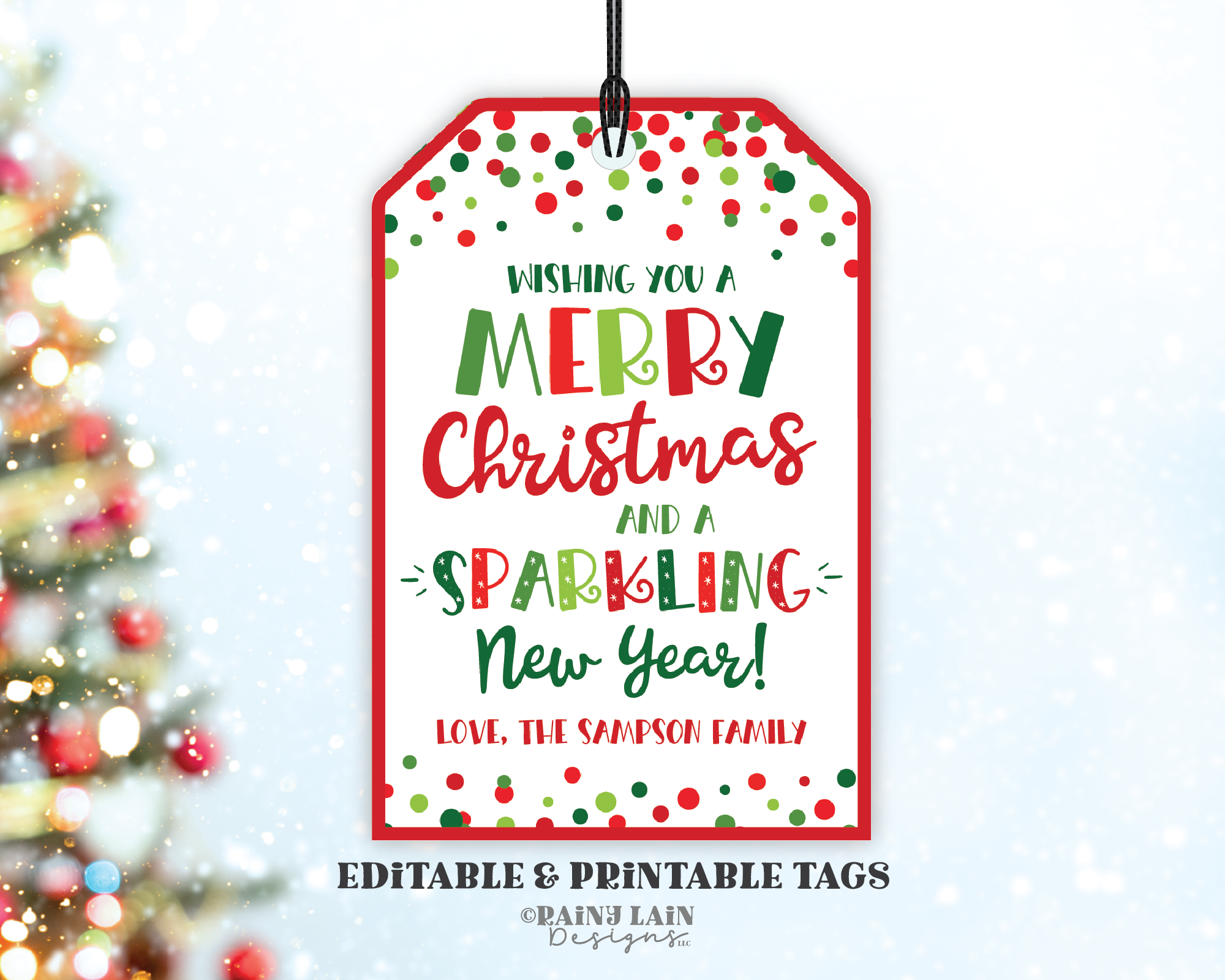 Merry Christmas and Sparkling New Year Tag, Editable Holiday Gift Favor Wine Champagne Cider Staff Neighbor Teacher Secret Santa Exchange