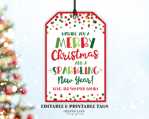 Merry Christmas and Sparkling New Year Tag, Editable Holiday Gift Favor Wine Champagne Cider Staff Neighbor Teacher Secret Santa Exchange
