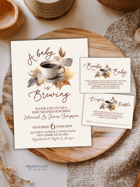 A Baby is Brewing Baby Shower Invitation Bundle, Watercolor Coffee Baby Shower Template, Editable Baby Shower Invite with Autumn Leaves