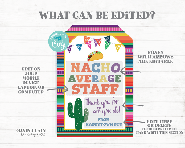Nacho Average Staff Tags Teacher Appreciation Gift Tags Employee Thank You Taco Serape Cactus Printable PTO School Company Nurse Chips