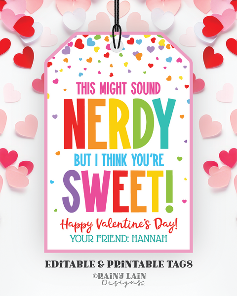 Cute Nerdy Valentine Tag, Editable Valentine, Nerd Valentines Day Gift, Non-Candy, Candy Valentine Tag Downloadable, Preschool, Easy Class