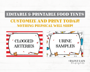 Nurse Graduation Food Tents Editable Food Cards Signs Labels Table Tents Stripes Bandaids  Pills Syringe Printable Food Tents Nurse Theme