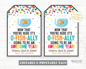 Back to School Goldfish Gift Tag Editable, O Fish Ally Awesome, 1st Day of School, First Day, To Student from Teacher, Confetti, PTO PTA