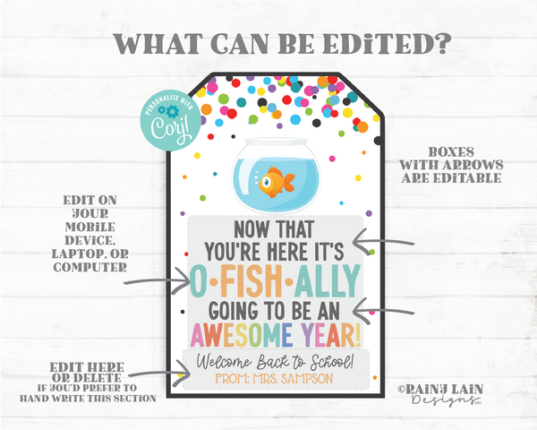 Back to School Goldfish Gift Tag Editable, O Fish Ally Awesome, 1st Day of School, First Day, To Student from Teacher, Confetti, PTO PTA