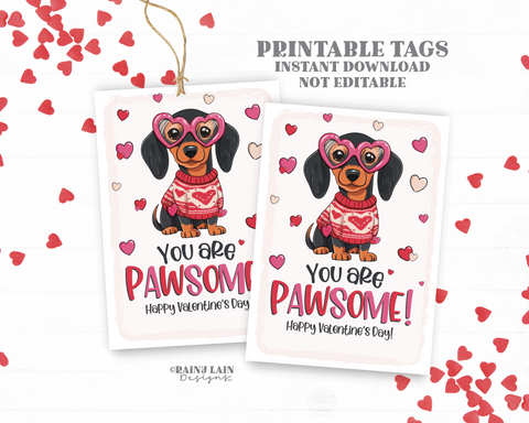 Valentine Card Dogs, Pawsome Valentine, Cute Dog, Puppy, Dachshund, Printable Classroom, Classmate Student Valentine From Teacher, Exchange