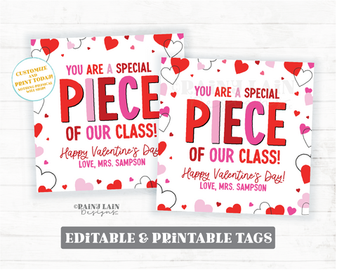Special Piece Valentine, Editable Square Gift Tag, Puzzle, Building Blocks, Preschool Classroom Printable Kids Non-Candy Digital Download