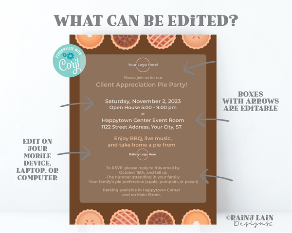 Appreciation Pie Party Flyer, Pie Night Invitation, Fundraiser, Contest, Pie and Wine Invite, Pie and Cocktails, Friendsgiving Thanksgiving
