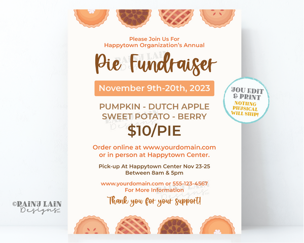 Pie Fundraiser Flyer Thanksgiving Pie Night Invitation, Pie Invitation Friendsgiving Invite Pie Making Eating Contest Flier Modern Editable