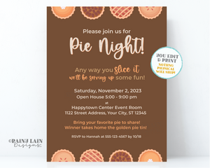 Pie Night Invitation Modern Pie Fundraiser Flyer Pie and Cocktails Friendsgiving Invite, Pie and Wine Thanksgiving Pie Making Eating Contest