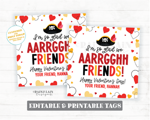 Pirate Valentine, Argh Friends, Editable Square Gift Tag, Popcorn, Booty, Preschool Classroom Printable Kids Non-Candy Digital Download