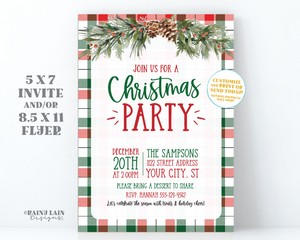 Christmas Party Invitation Holiday Flyer Fundraiser Invite Plaid Pine Cones Simple Modern Farmhouse Fiesta Company Club Editable Printable