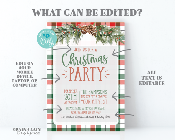 Christmas Party Invitation Holiday Flyer Fundraiser Invite Plaid Pine Cones Simple Modern Farmhouse Fiesta Company Club Editable Printable